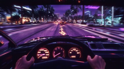 Detailed computer graphics of racing simulator. Sports car drifting and driving fast on modern urban roadway in night city. Gameplay of racing video game with interface. Viewable on a PC or mobile