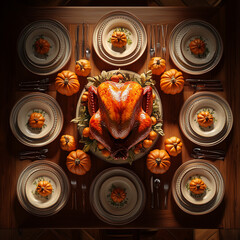 A turkey in the middle of a beautiful festive meal for thanksgiving. Top view
