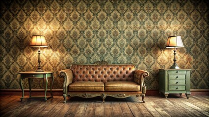 Vintage grunge room with retro decor, aged furniture, and old-fashioned wallpaper