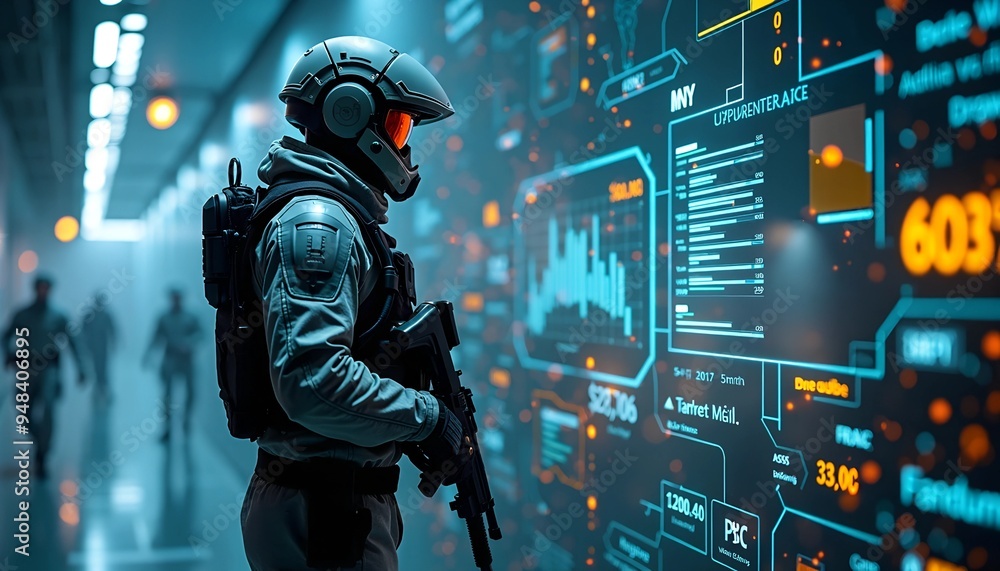 Techcom Soldier Futuristic Soldier in Combat Gear - Virtual Interface and Digital Data ...