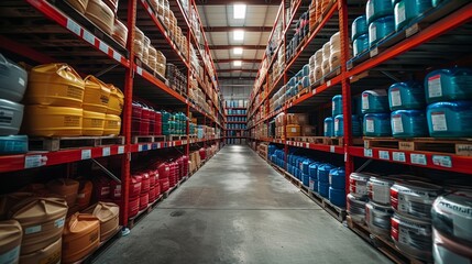 A wide aisle in a warehouse filled with various colored containers and barrels, showcasing organized storage solutions for industrial supplies