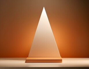 Wall Mural - Soft orange and white gradient with minimalist podium and reflective pyramid casting glow.