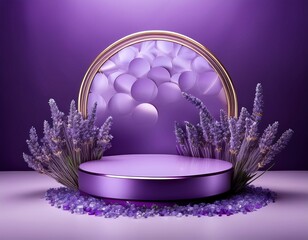 Wall Mural - Sophisticated 3D podium with lavender and floral backdrop, featuring purple platform and crystal details for summer product showcase.