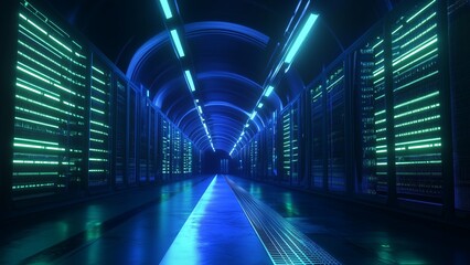 Data center room tunnel with neon blue and green light glow. Realistic 3d vector illustration of abstract computer server cluster for digital information , database warehouse, Cyberspace banner