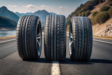 Three new car tires lined up on a road with a scenic background, showcasing durability and performance in automotive design.