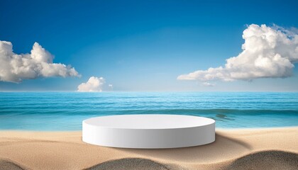 Poster - Summer podium set on a beach scene, 3D display for cosmetics with a backdrop of sea and sky, great for sales.