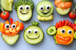 © Oksana - A photo of different fruits and vegetables foods in plates Creative food for children