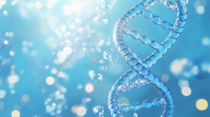 Blue DNA double helix spiral with light bokeh and bubbles against a beautiful blue background. 