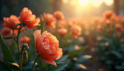 Poster - A field of orange flowers with the sun shining on them