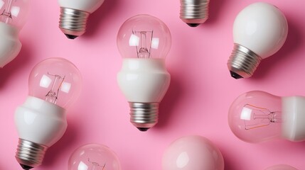 This image displays a mix of clear and white light bulbs artfully scattered on a pink background, highlighting the contrast between different bulb designs and their utilitarian elegance.