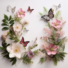 Wall Mural - Visual representation of botanical elegance on a pastel white backdrop, showcasing flowers, butterfly, and plants.