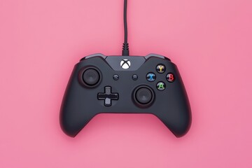 Gaming hobby, gamepad with cord on pink background. Copy space.