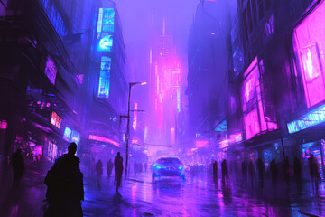 Wall Mural - Neon City Street.