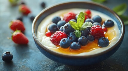 Poster - enjoy a nutritious breakfast with a bowl of greek yogurt, honey, and mixed berries, ideal for a healthy start to your day