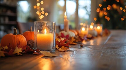 Wall Mural - festive thanksgiving setup, thanksgiving banner with fall-themed decorations like pumpkins, candles, and leaves on a wooden table, creating a warm and cozy atmosphere