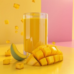 Poster - A glass of mango juice, mango slices, and cubed mango on a yellow surface with a pink background.