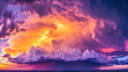 Wall Mural - Vibrant sunset clouds illuminated by golden and purple hues in the sky