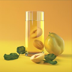 Wall Mural - A glass of quince juice with whole fruit and slices on a yellow background.