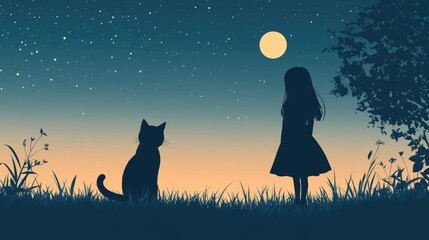 Naklejka na meble 2D cartoon illustration featuring the silhouettes of a black cat and a girl against a night backdrop