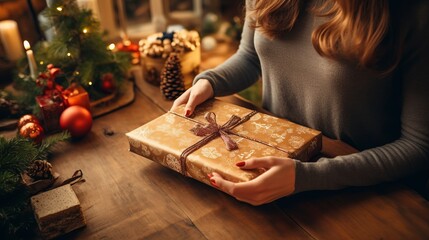 Wall Mural - Festive Delight: Captivating Overhead View of Woman's Skillful Hands Wrapping a Book as a Christmas