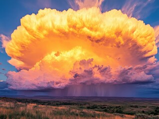 Wall Mural - Dramatic sunset clouds illuminate the sky over a vast landscape