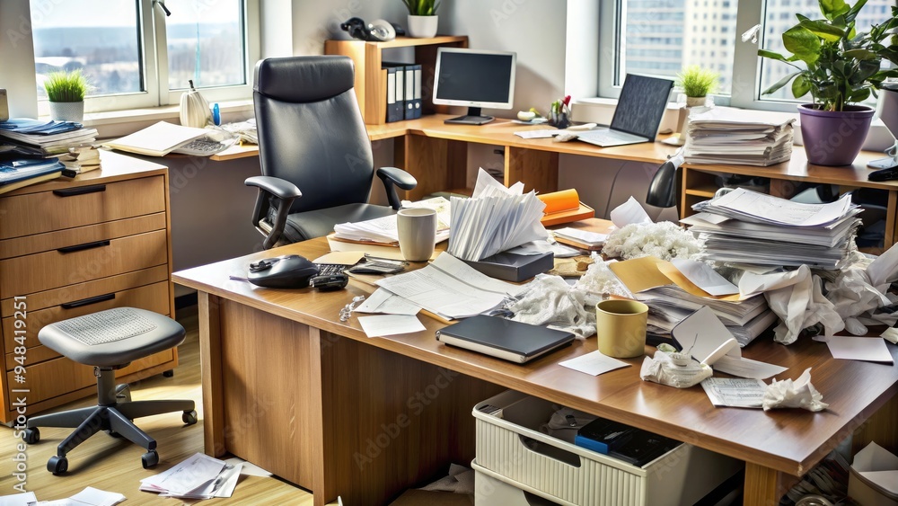 Disorganized office desk cluttered with scattered documents, crumpled ...