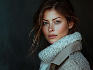 Wall Mural - Portrait of a woman with striking blue eyes wearing a cozy sweater