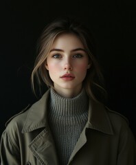 Wall Mural - Young woman with long hair in a cozy sweater against a dark background