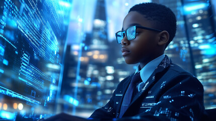 Young Black student immersed in coding at a modern classroom with city views and digital screens