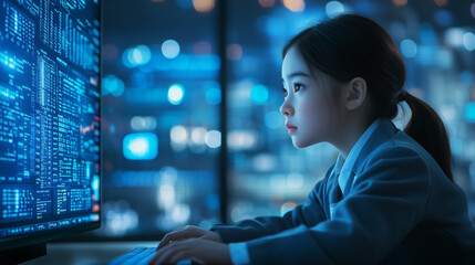 Chinese girl in school uniform focused on computer screen in digital world at night