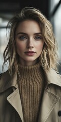 Wall Mural - A woman with wavy blonde hair in a cozy knit sweater indoors