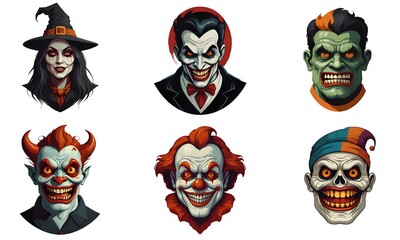 Set of cartoon horror devil, frankenstein, clown, witch, vampire, mummy character faces. vector illustration of evil devil, frankenstein, clown, witch, vampire, mummy smile scary circus monsters.