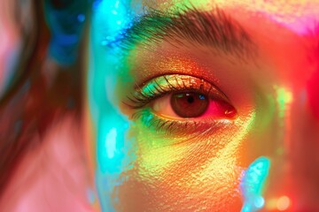 Poster - Close-up of a Vibrant Eye with Holographic Glitter, Shimmering Under Neon Lights, Representing a Futuristic and Stylish Makeup Look.