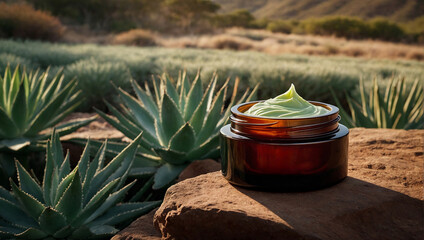 A green skincare cream jar is positioned on a rock surrounded by lush plants under sunlight. The scene captures a tranquil garden atmosphere, highlighting the natural beauty of the surroundings.