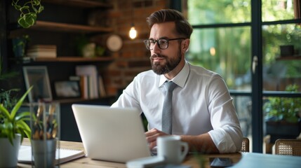 A man wearing glasses and a tie is intently working on his laptop at a stylish wooden desk adorned with plants and stationery