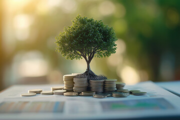 Small tree growing from a stack of coins on a financial report illustrating green finance and wealth