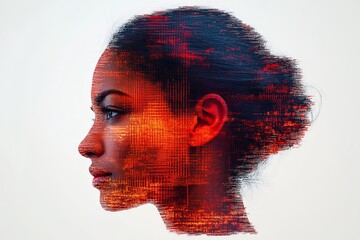 Wall Mural - A woman's profile is composed of digital code, representing the digital age, technology, and the human mind.