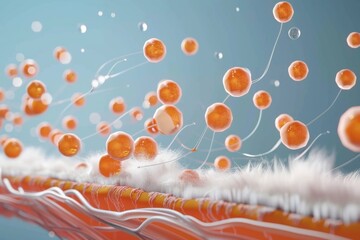 Wall Mural - hair care molecules penetrating hair shaft, 3d illustration with orange spheres and white lines repr