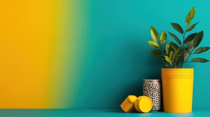 Vibrant interior with a yellow plant pot, decorative jar, and colorful background, perfect for modern home decor.