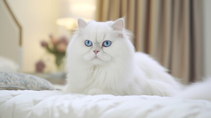 White Persian Cat on a Bed