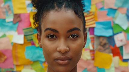 Wall Mural - A woman with a black hair and brown eyes is looking at the camera. She has a very serious expression on her face. Sticky Paper Photo Collage Mockup of black woman