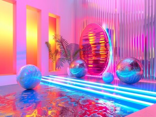 Wall Mural - neon retrofuturistic y2k interior design with metallic textures, vibrant colors, and reflective sphe