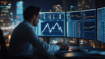 Nighttime stock trading in a bustling city office with multiple monitors displaying charts