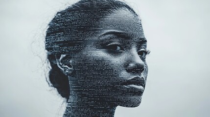 Wall Mural - A woman's face is composed of code, symbolizing the intersection of technology and humanity.