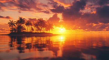 Sticker - A stunning tropical sunset illuminates the sky over a quiet island