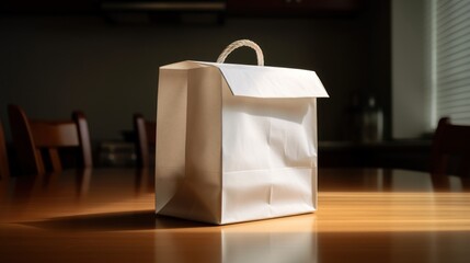 Wall Mural - White Paper Bag on a Wooden Table