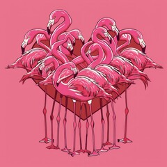 Wall Mural - A group of pink flamingos arranged in a heart shape.