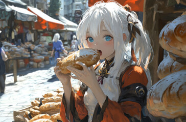 Canvas Print - An anime-style girl is eating buns at the street food market, surrounded by many people