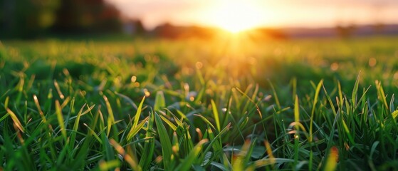 Serene sunset scene: vast grassland with warm yellow-orange glow, lush green grass hints at vibrant growth. Text-free image.