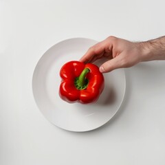 Wall Mural - A hand holds a red bell pepper over a white plate.